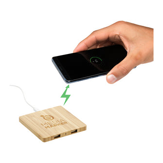 Personalise FSC Bamboo Wireless Charging Pad with Dual Outputs with Logo | Eco Gifts