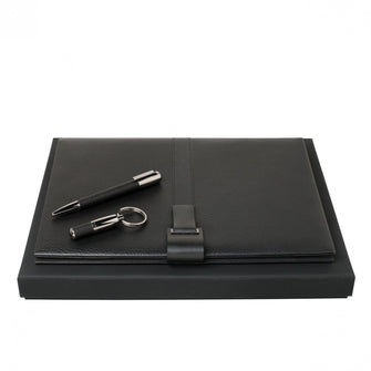 Personalise Set Pure Leather Black  (ballpoint Pen, Folder A4 & Key Ring) - Custom Eco Friendly Gifts Online