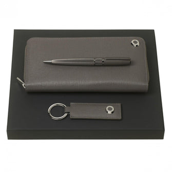 Personalise Set Hugo Boss Grey (ballpoint Pen, Key Ring & Long Zipped Folder) - Custom Eco Friendly Gifts Online